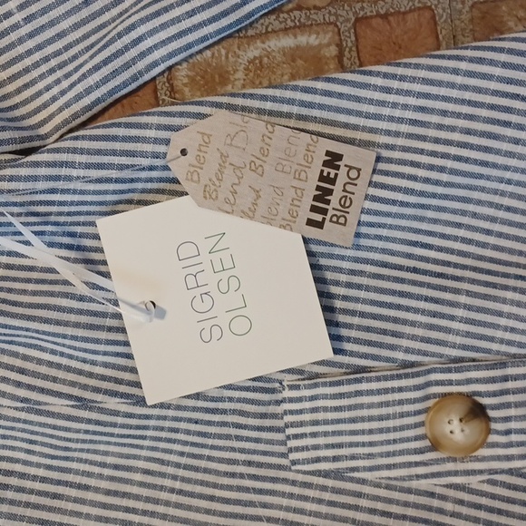 SIGRID Olsen linen blend top women's size medium blue and white striped - Picture 3 of 7